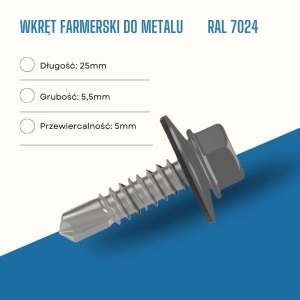 Wkręt farmerski do metalu 5,5X25 mm przewiercalność 5 mm w kolorze RAL 7024